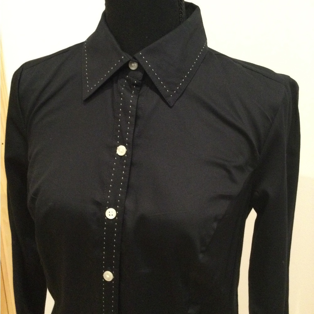 LOFT Button down blouse black with white stitching